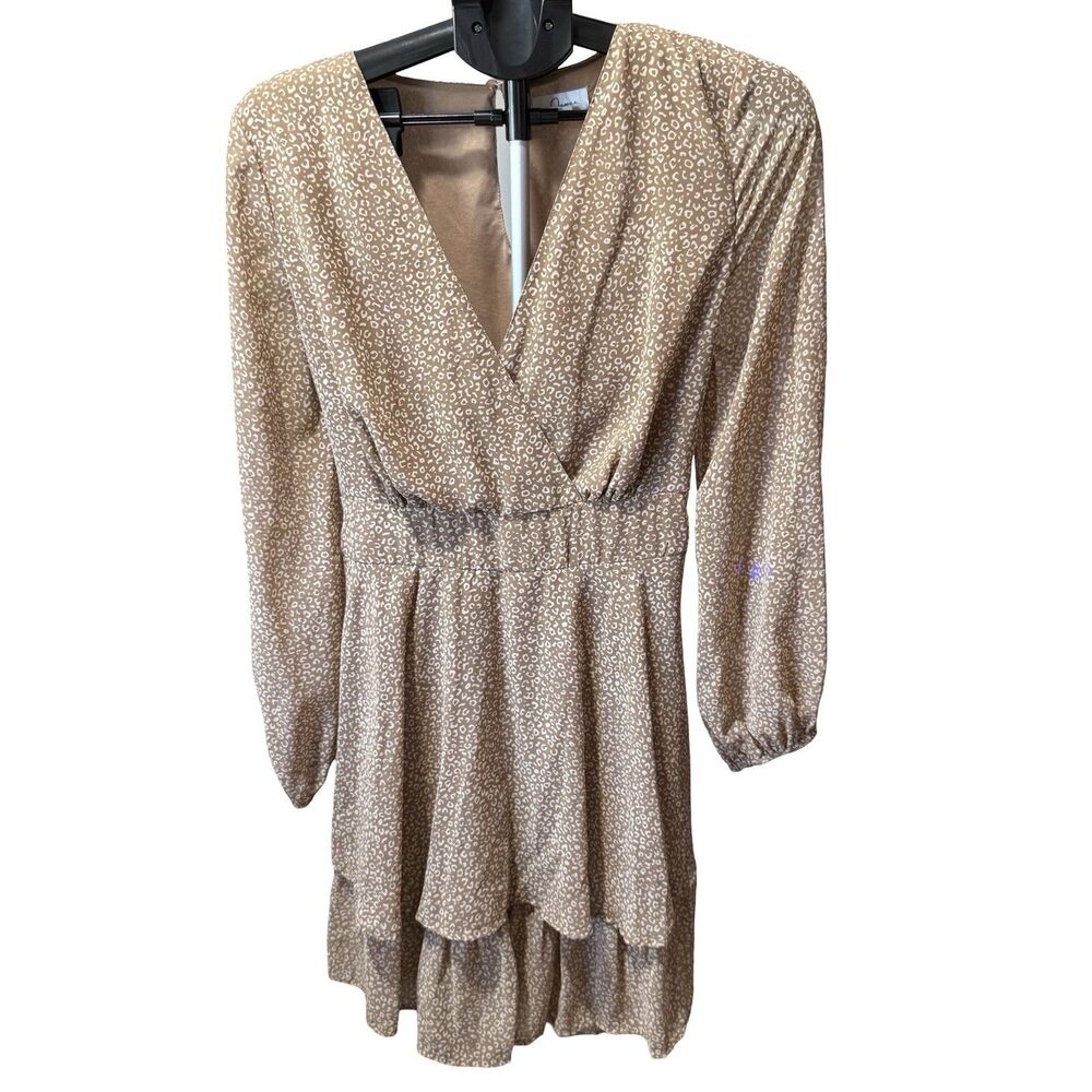 Japna Tan Animal Print Long Sleeve Tiered Faux Wrap Mini Dress XL